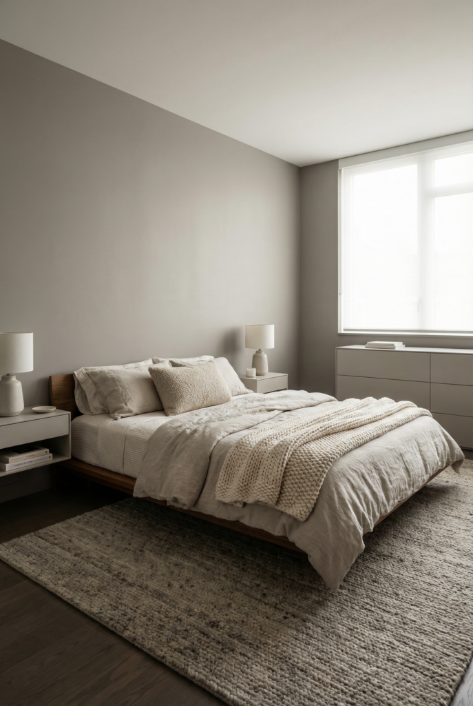 Modern black and white bedroom with clean lines, linen bedding, boucle chair, and warm wood textures for a cozy minimalist feel