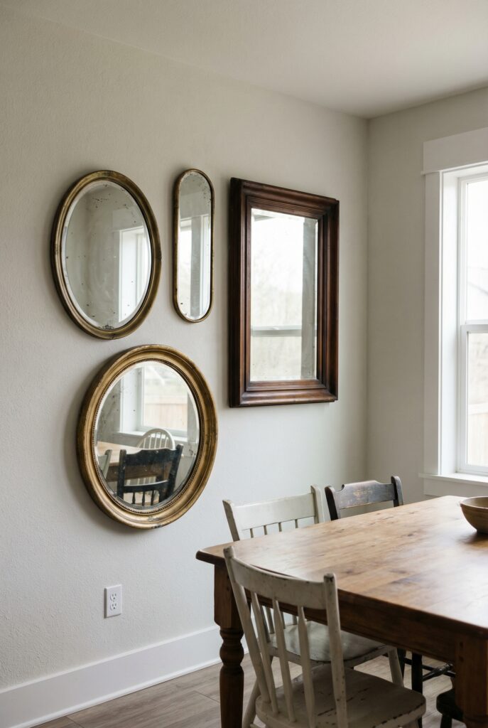 Dining room wall decorated with a cluster of vintage mirrors in mixed shapes and frames for cozy antique wall decor