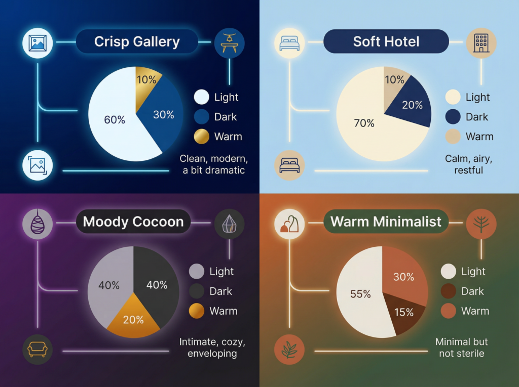 Black and white bedroom contrast balance chart showing light, dark, and warm color ratios for different bedroom styles
