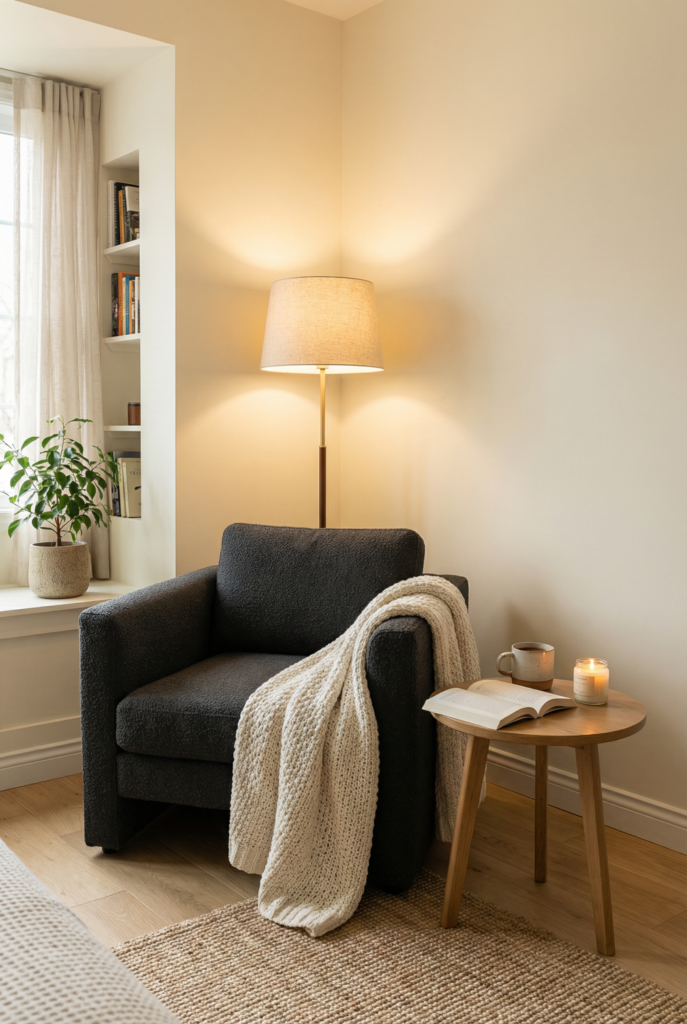 Cozy reading corner in a minimalist bedroom, with charcoal armchair, knit throw, floor lamp and jute rug as soft home styling ideas.