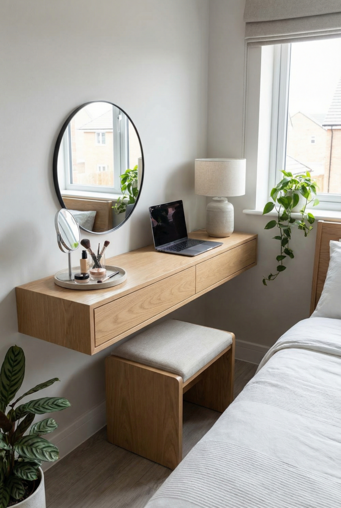 Floating wood vanity desk under the window with mirror, lamp and laptop, clever small bedroom workspace and decor solution.