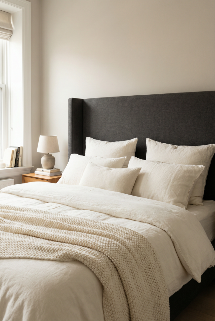Black and white bedroom decor with dark upholstered headboard, layered ivory bedding and chunky knit throw for cozy bedroom ideas.