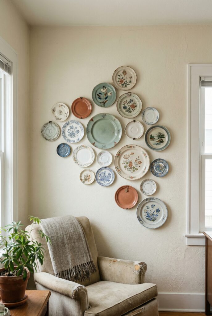 Decorative plates arranged in a soft cloud shape on the wall, creating colorful vintage wall decor above a worn armchair