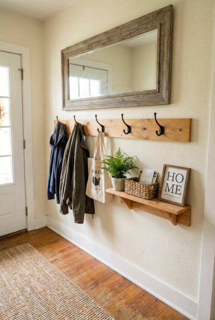 Rustic farmhouse decor entryway with a distressed mirror, functional wall decor peg rail, and small shelf styled with plants and framed art