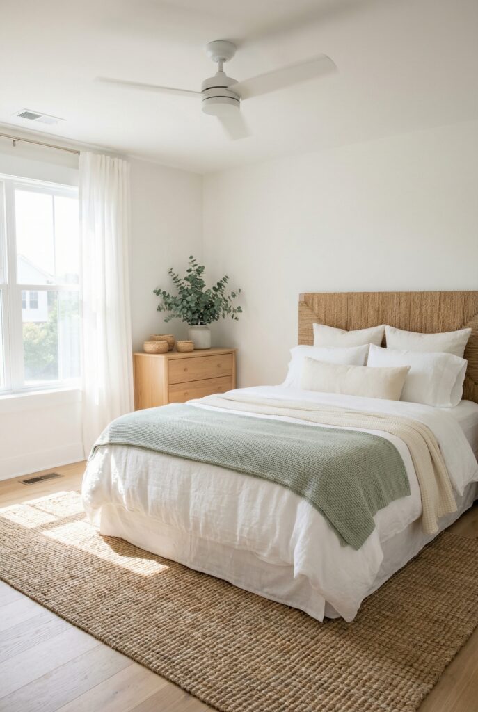 Fresh white coastal bedroom decor with a woven headboard, eucalyptus on the dresser, soft green knit blanket, and natural fiber rug.