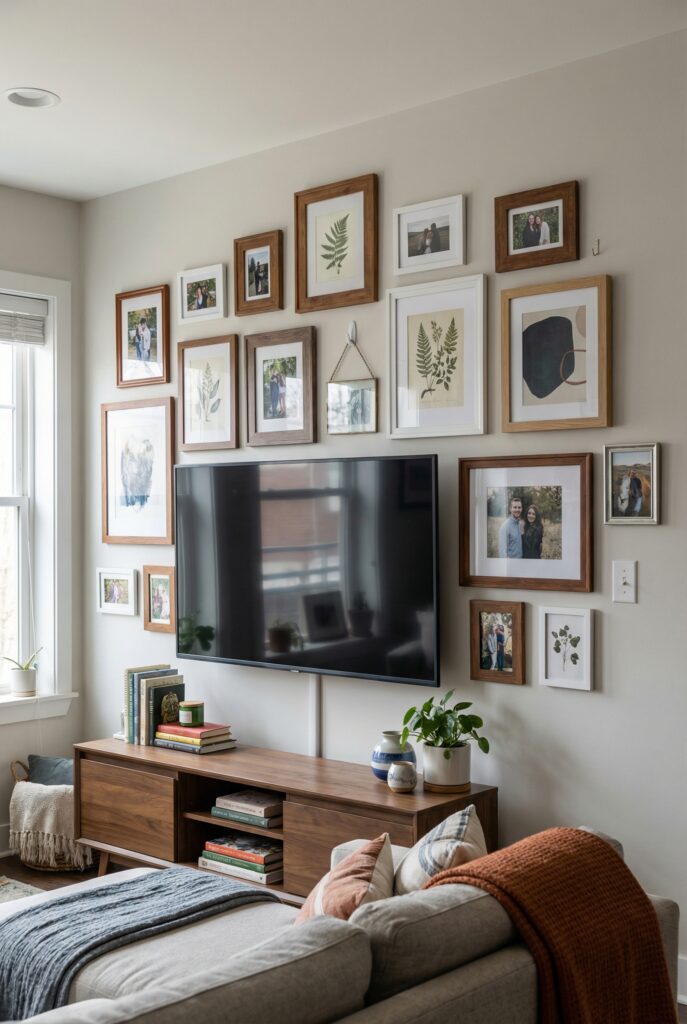Gallery wall decor around a TV with family photos and botanical prints in mixed wood and white frames for cozy vintage home decor
