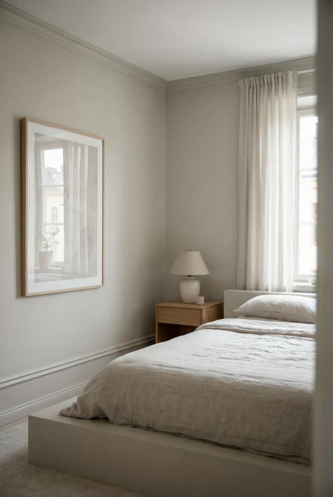 Monochrome small bedroom with pale walls, trim and platform bed, minimalist small bedroom decor ideas to make the space feel bigger.