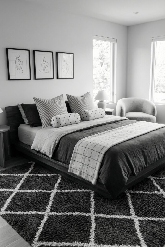Black and white bedroom with graphic rug, striped pillows, and framed art adding contrast without overwhelming the space