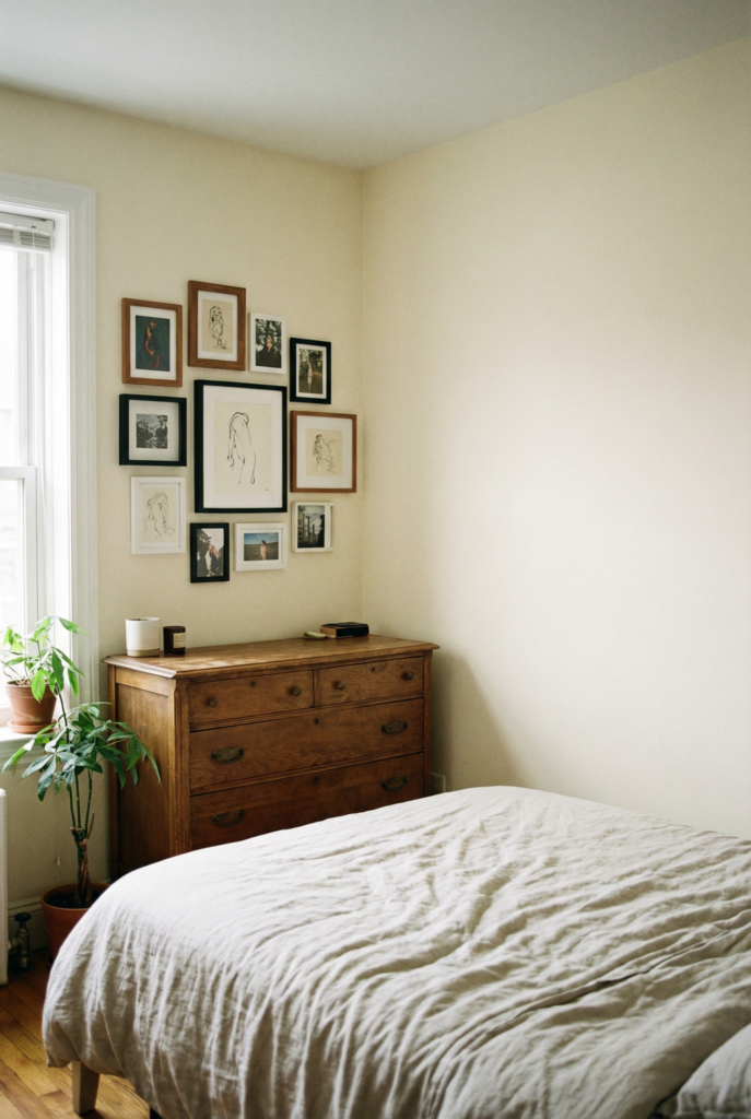 Compact bedroom with vintage dresser, grouped gallery wall and window plant, inspiring small bedroom wall decor.