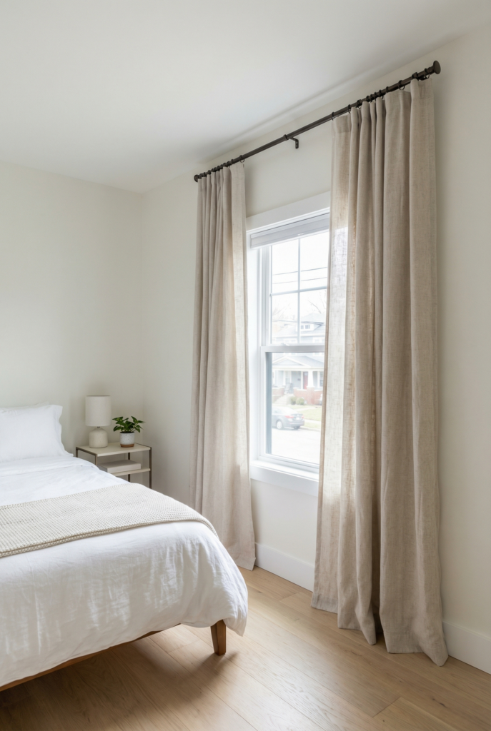 Small room with long linen curtains hung high and wide around the window, plus simple white bedding and nightstand, an easy small bedroom decor trick to increase height.