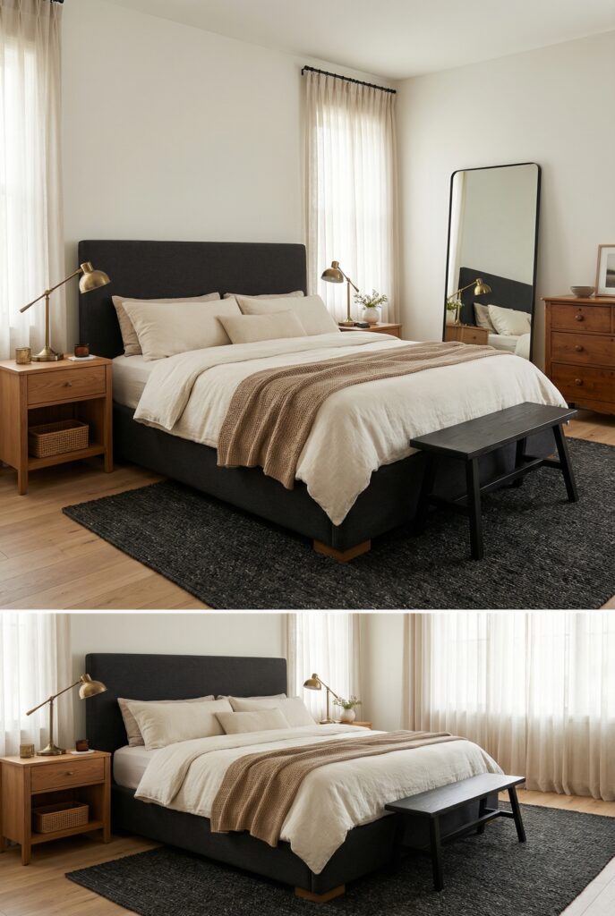 High contrast black and white bedroom showing balanced placement of dark furniture, light walls, and warm neutral accents