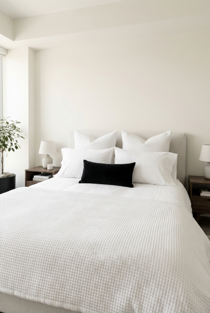 Crisp black and white bedroom decor with all white textured bedding and single black lumbar pillow for a modern hotel style bed.