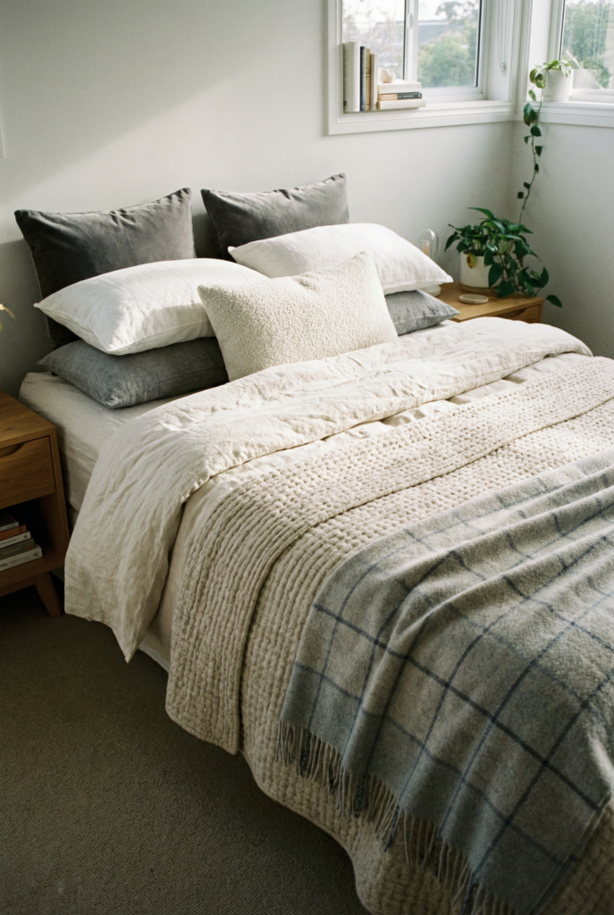 Layered neutral bedding with soft textured blankets and pillows, cozy small bedroom decor idea for added warmth.