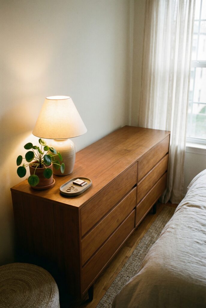 Small bedroom dresser styling with lamp, plant and tray, showing simple small bedroom decor and organization.