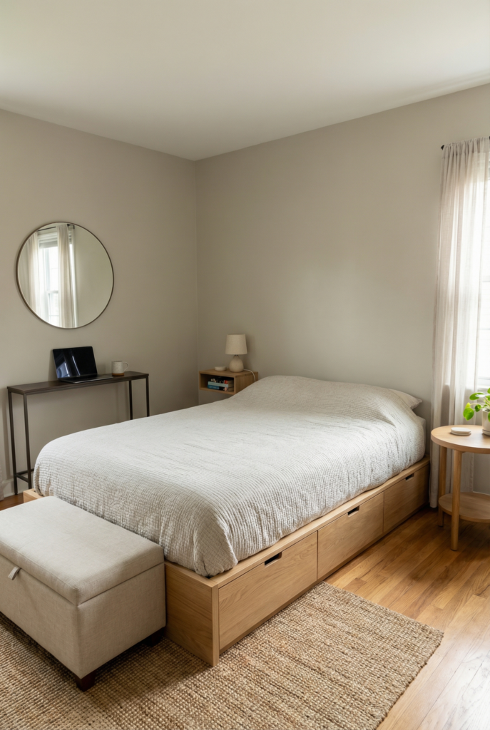 Neutral small bedroom with pale walls, round mirror and light bedding, light color scheme and reflective surfaces that make the small room feel bigger.