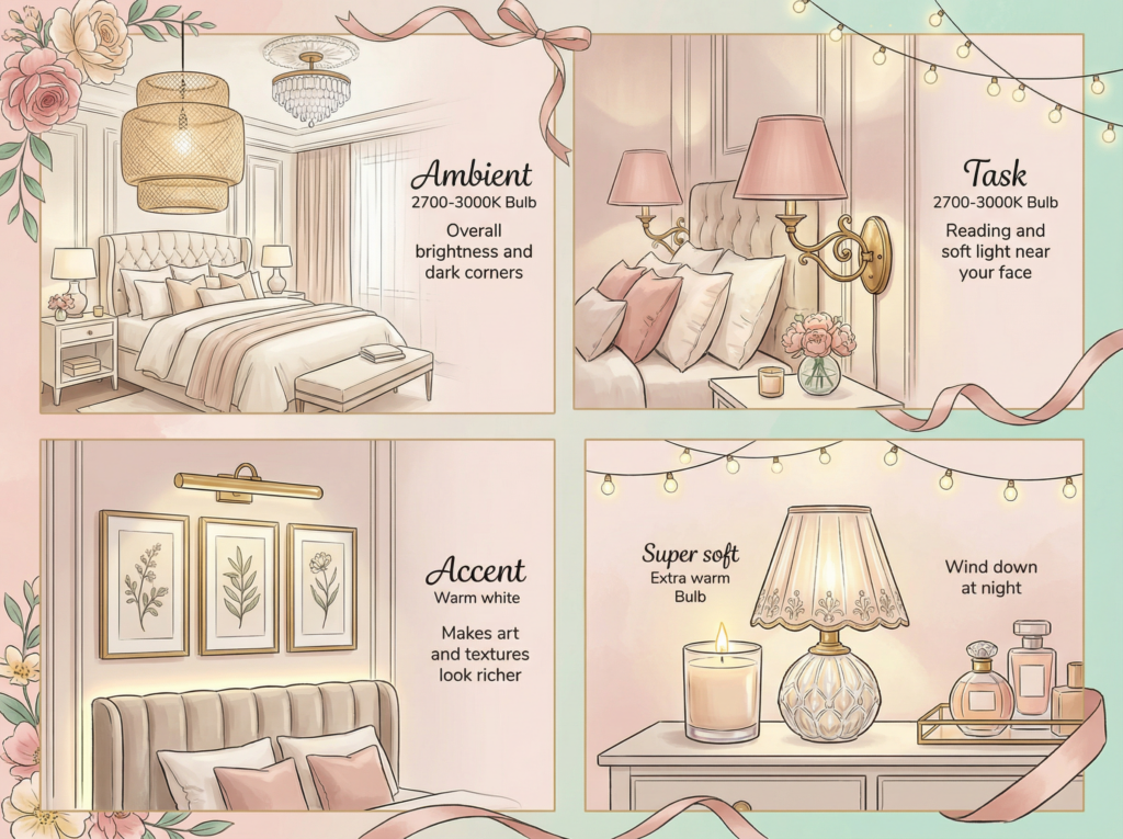 Layered bedroom lighting showing ambient, task, accent, and soft lamps with warm bulbs to soften black and white bedroom contrast