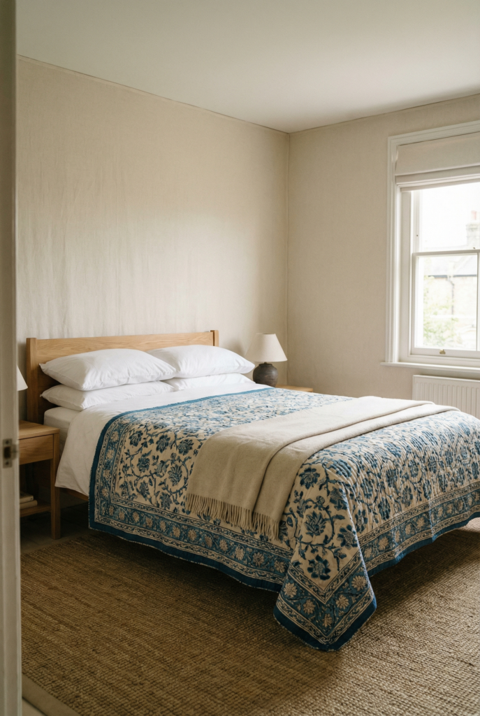 Small bedroom with bold blue patterned quilt, jute rug and simple wood furniture, limited patterns for calm bedroom design.