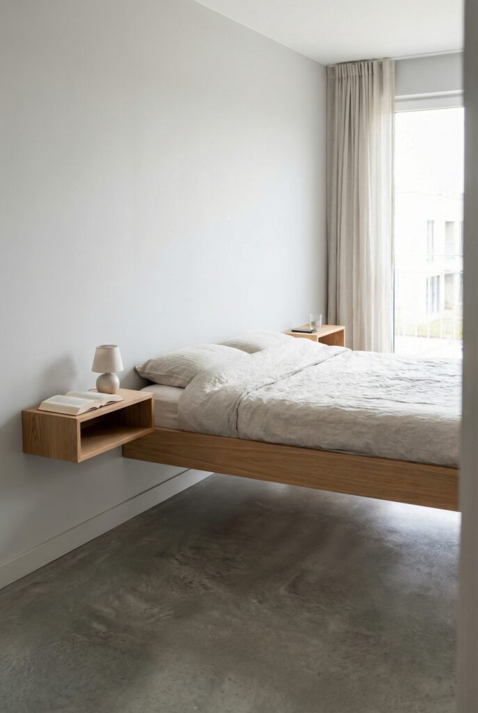 Minimal bedroom with floating wood nightstands level with the mattress, showing smart small bedroom furniture layout and space saving design.