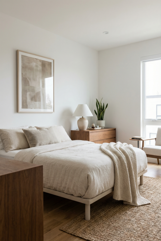 Calm small bedroom with neutral bedding, wood furniture and simple art, a minimal small bedroom decor idea that keeps the space feeling open.