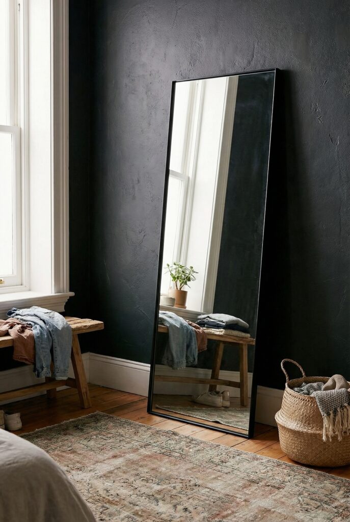 Home decor ideas for decorating with black, showing a floor mirror with black frame against a dark wall, rustic wood bench and woven basket in a bedroom corner.