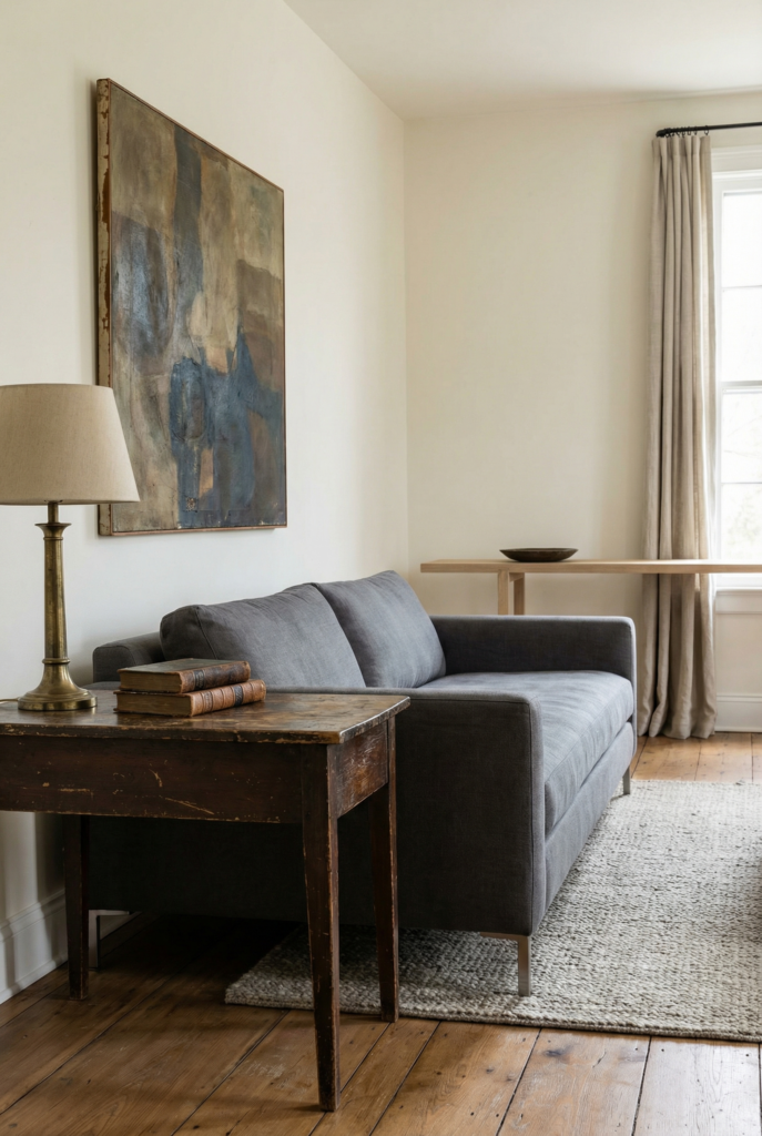 Mixed era sitting room with vintage wood side table, brass lamp and modern gray sofa showing unusual home decor trends.