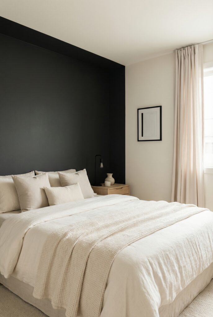 Modern bedroom design with black accent walls behind light layered bedding, warm wood nightstand and soft neutral curtains.