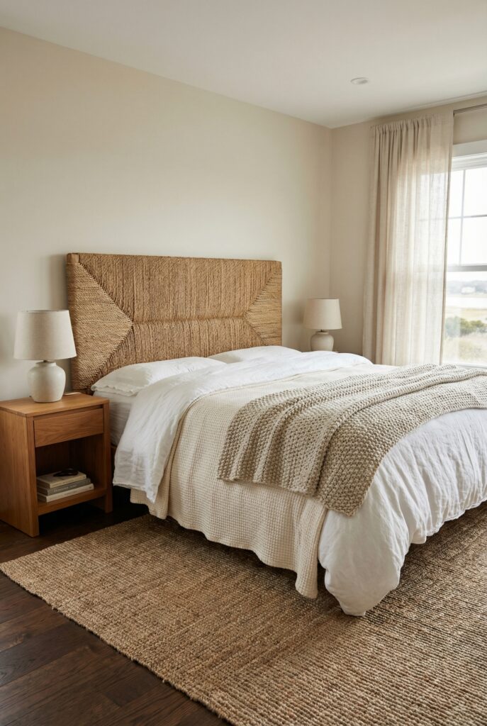 Coastal bedroom decor with a bold woven headboard, layered neutral linens, matching wood nightstands, and a textured jute rug.