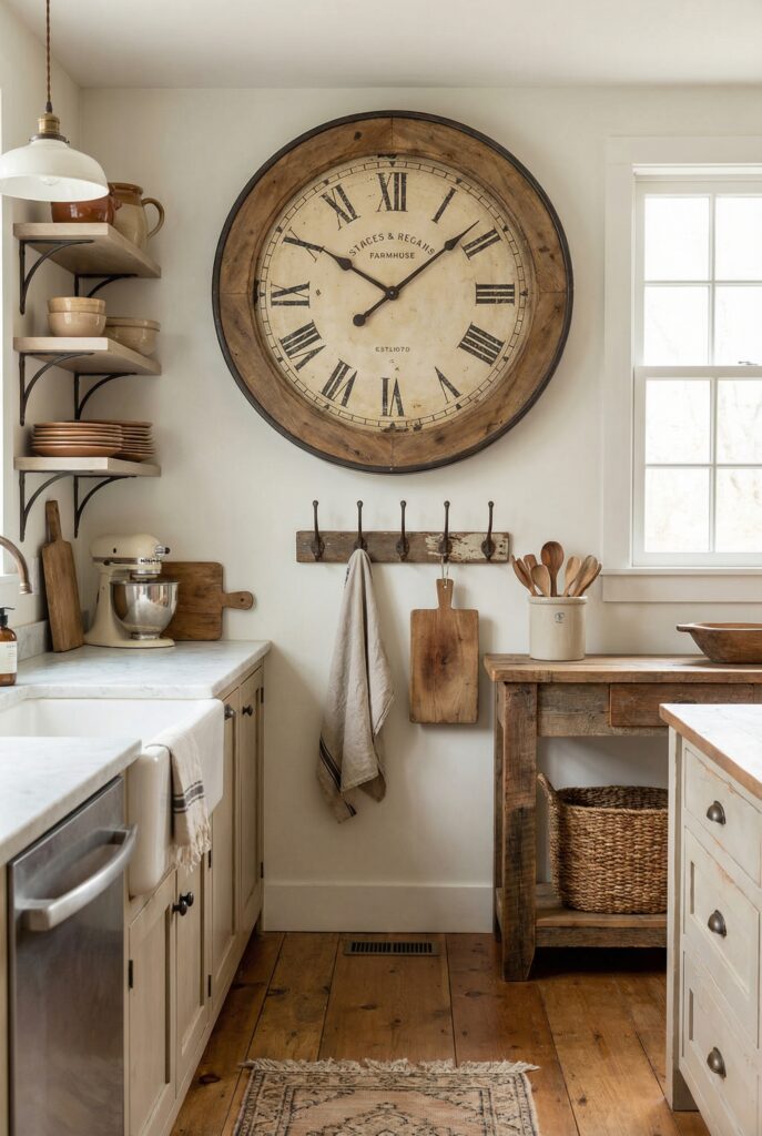 Farmhouse kitchen with oversized antique-style clock, rustic wall signs and cutting boards creating warm vintage wall decor above marble counters