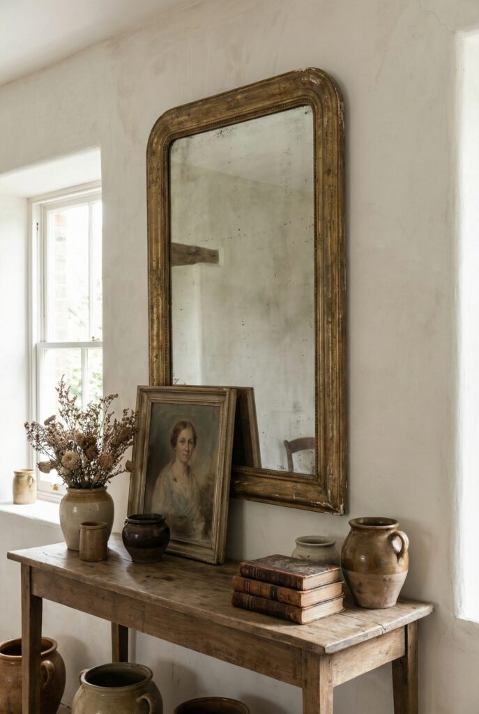 Large antique-style mirror and vintage wall art portrait on a simple console table styled with old books and pottery for relaxed vintage home decor