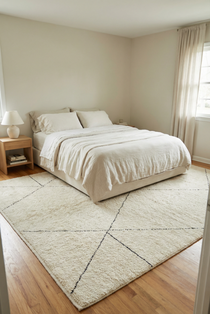 Cozy bedroom ideas with a black and white color scheme, featuring cream bedding and a large diamond patterned rug on warm wood floors.
