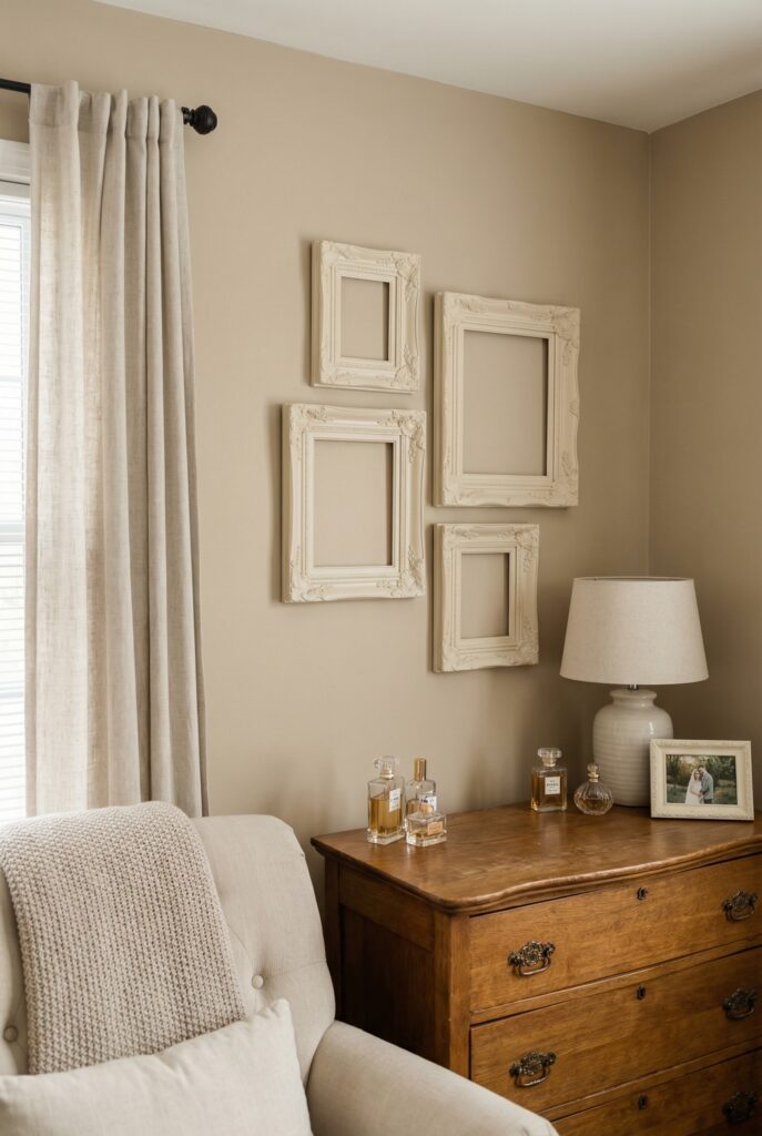 Vintage wall decor with empty ornate frames painted cream, creating timeless wall decor and a simple DIY gallery wall idea above a dresser