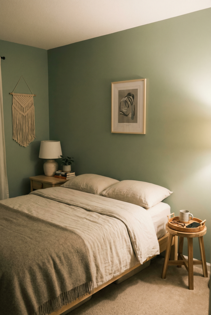 Cozy small bedroom with neutral bedding, textured throw and layered rug under the bed, a simple small bedroom decor idea that makes the floor feel bigger.