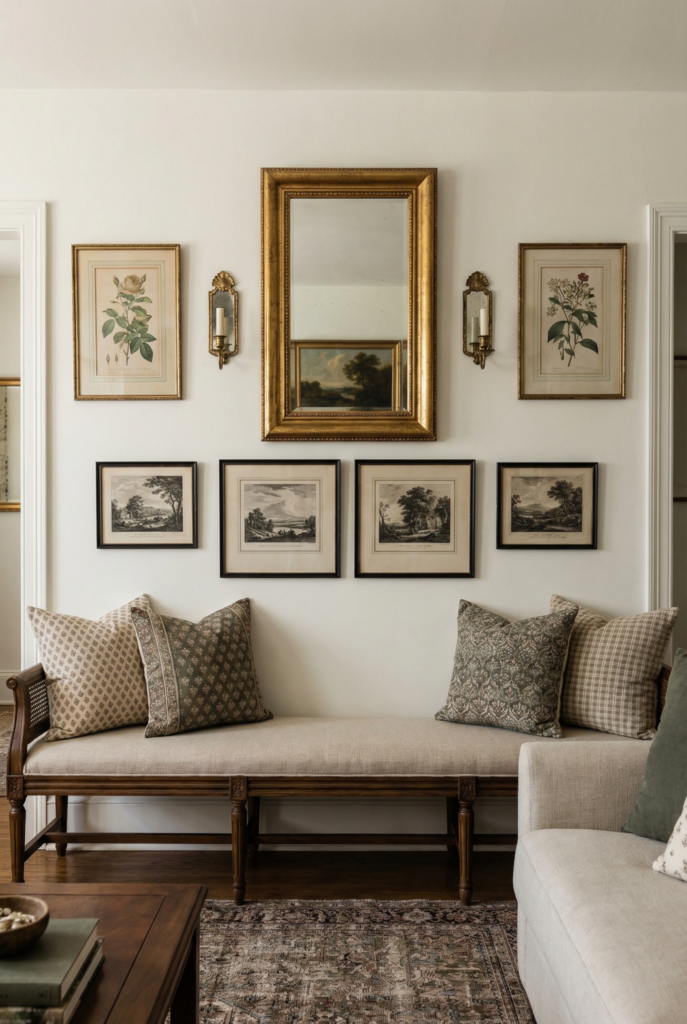 Vintage wall decor with ornate frames, botanical prints, vintage sconces, and a gold mirror layered above a neutral bench for timeless wall decor in the living room