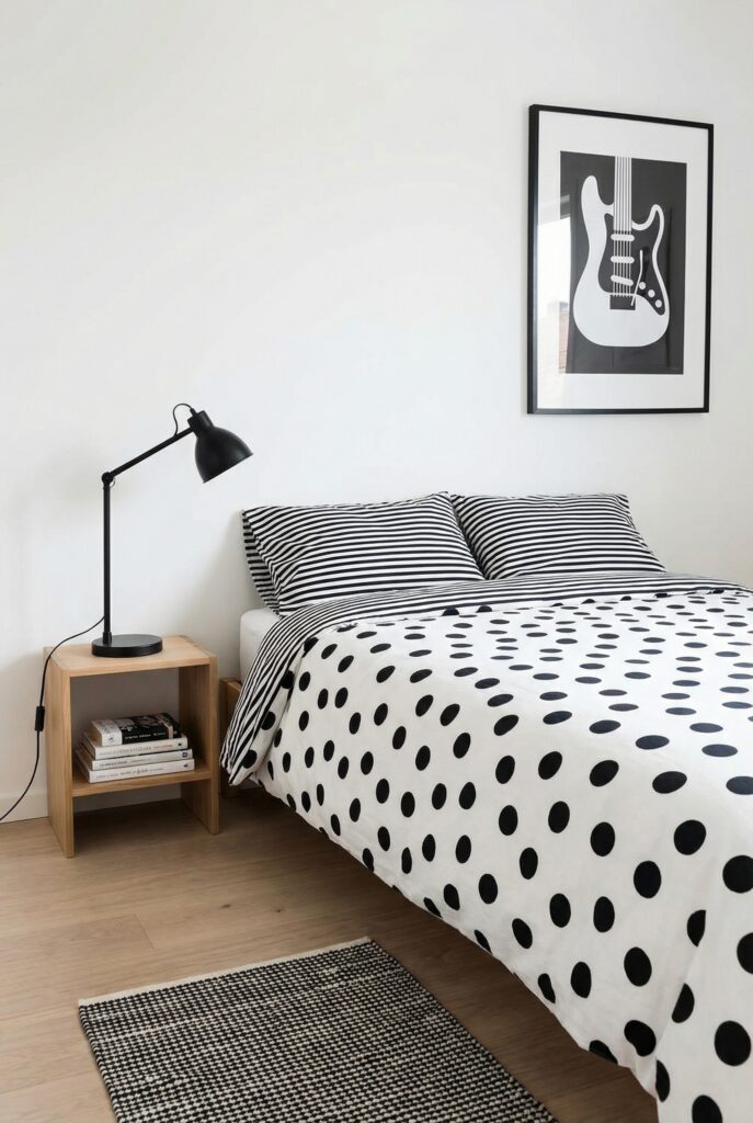 Chic bedroom decor with black and white themes, including polka dot duvet, striped pillows, guitar artwork and a black task lamp on a wood nightstand.