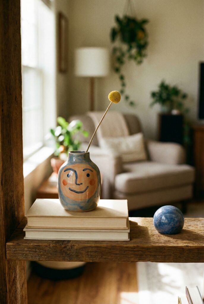 Playful face vase on stacked books, a quirky statement piece adding cute aesthetic home decor to a sunny room.