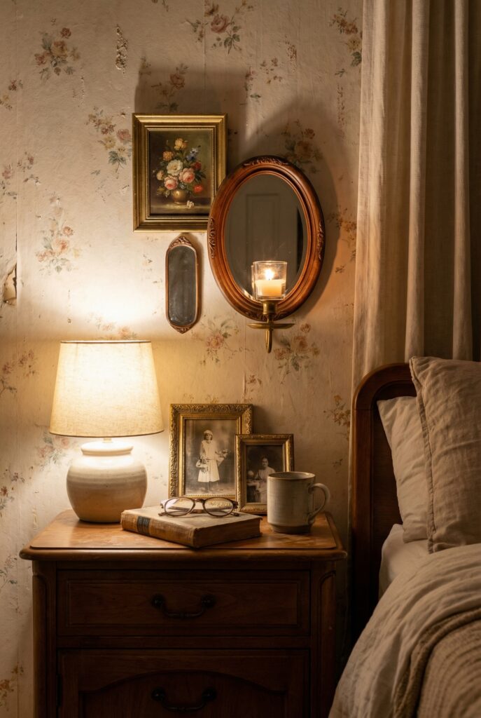Romantic wall decor with a small floral painting, candle sconce, and framed vintage photos layered above a cozy bedside table