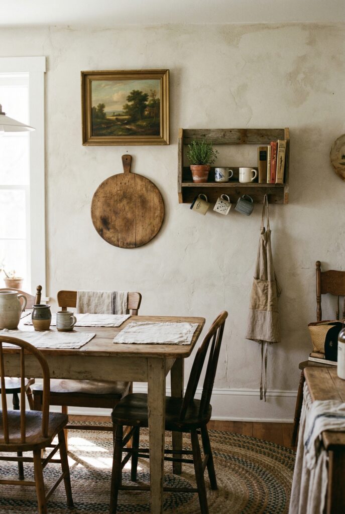 Rustic farmhouse decor with a vintage landscape painting, wooden cutting board, and open shelf styled with mugs and books for warm farmhouse wall decor