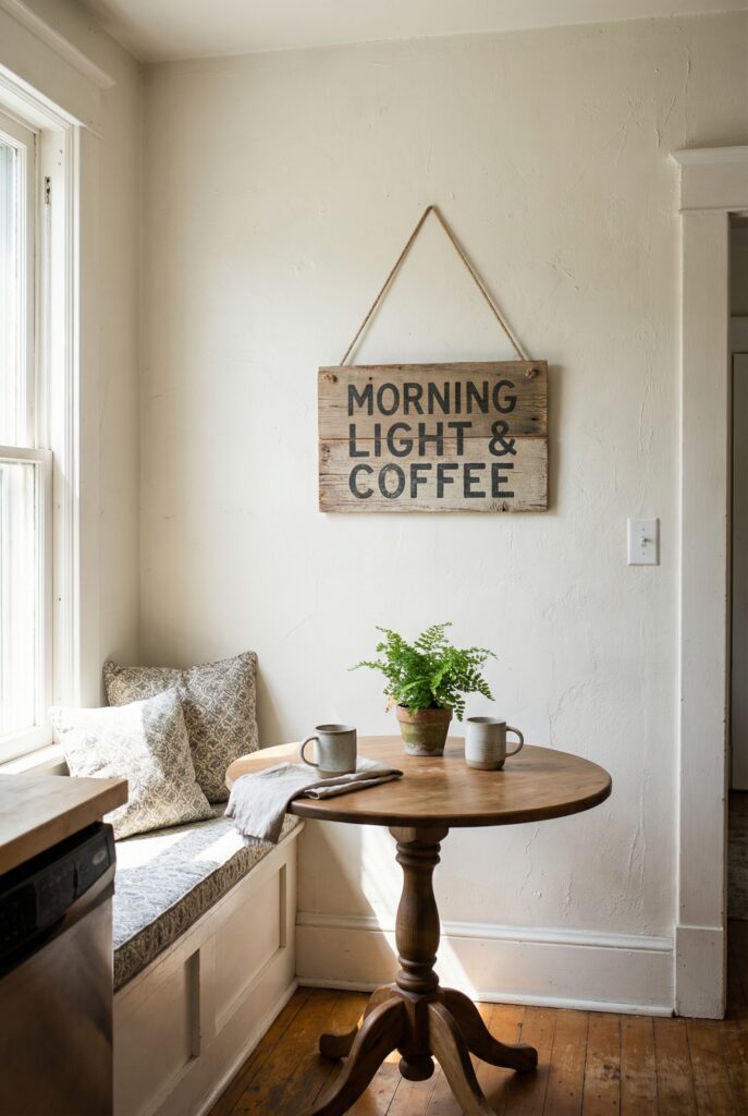 Rustic wall sign reading Morning Light and Coffee hanging above a cozy breakfast nook bench for farmhouse wall decor
