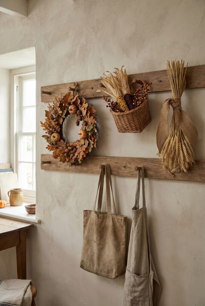 Seasonal wall decor on a rustic peg rail with a fall wreath, basket of corn, wheat bundle, and hanging totes for functional wall decor in the mudroom