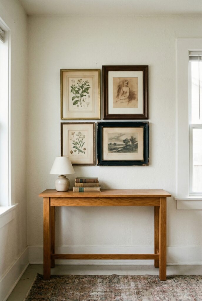 Console table styled with framed botanical prints and sketches creating simple antique wall decor and timeless gallery wall decor