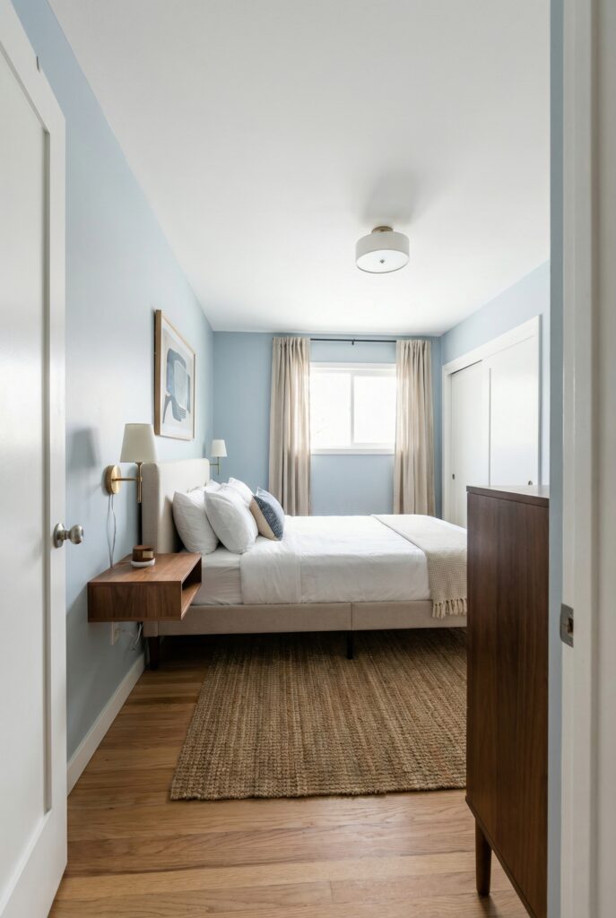 Long narrow small bedroom with bed centered on the back wall, floating nightstands and jute rug, an example of smart small bedroom layout and decor planning.