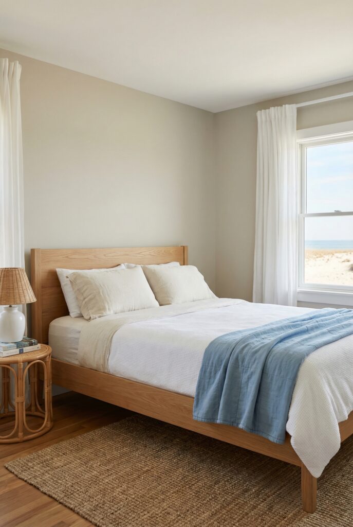 Soft sand and sky beach themed bedroom with a pale wood bed, white quilt, light blue throw, and jute rug by a sunny seaside window.