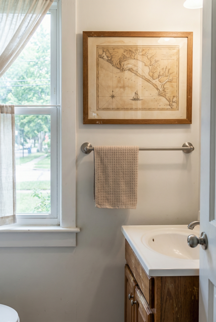Coastal wall decor in a small bathroom with a vintage map framed art print above a towel bar and soft linen curtain at the window