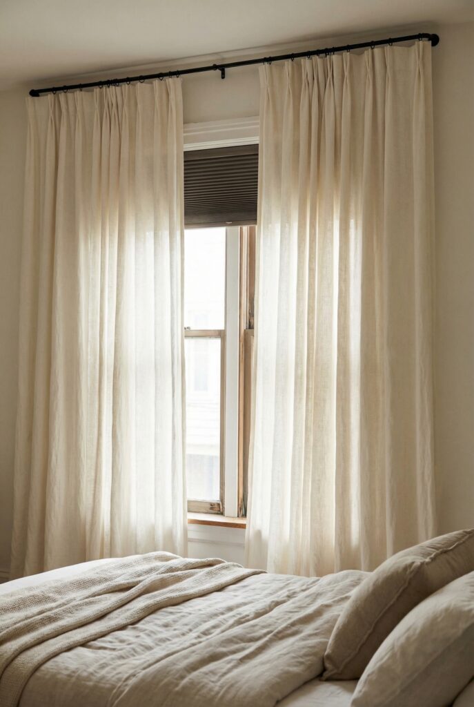 Stylish bedroom decor with sheer curtains on a black rod framing a neutral bed, a calm example of minimalist home decor.