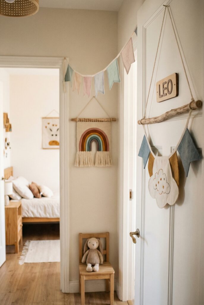 Pastel bunting and woven rainbow decorative wall hangings in a kids hallway, a playful twist on modern vintage decor
