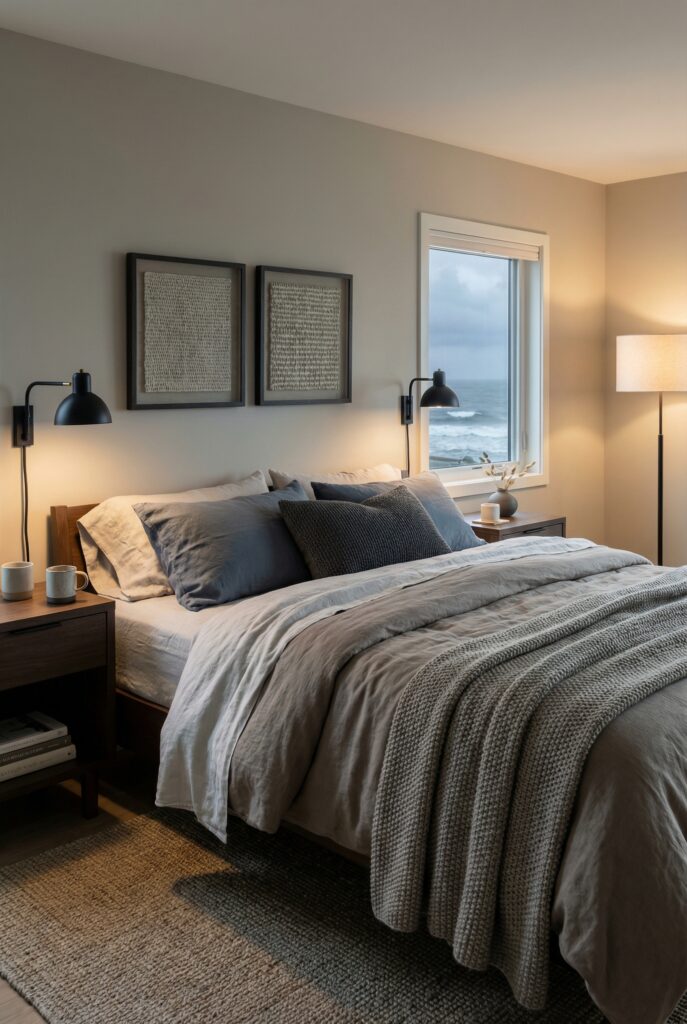 Stormy modern coastal bedroom decor with slate blue bedding, layered knit throws, black wall sconces, and an ocean view outside the window.