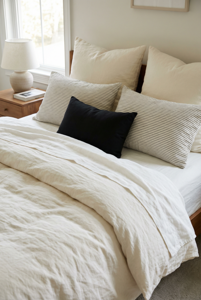 Black and white bedroom with striped pillows and black lumbar cushion on creamy linen bedding for chic bedroom decor.