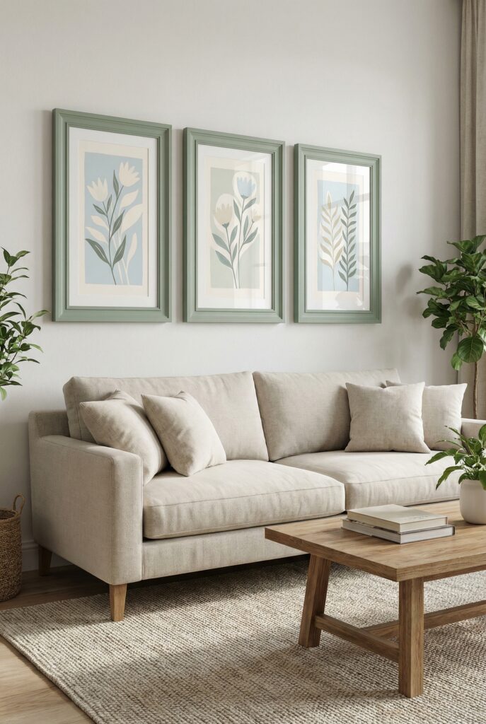 Living room with three framed art prints of modern botanicals over a neutral sofa, a simple modern vintage decor moment