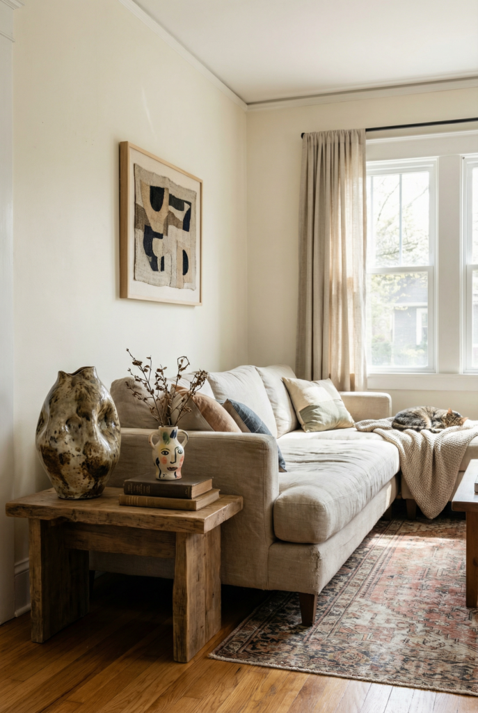 Warm living room with neutral sectional, rustic wood table and face jug vase as quirky decorative accessories in unusual home decor style.