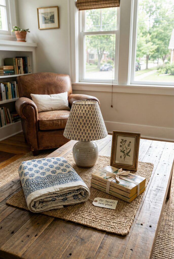 Cozy reading corner coffee table styled as unique home decor gifts with quilt, lamp, books and card for a new apartment.